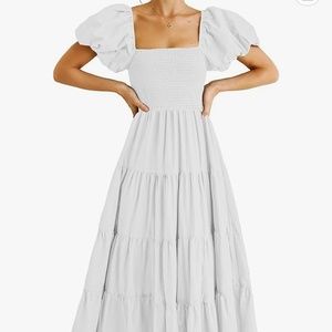 White puff sleeve smocked midi dress XL